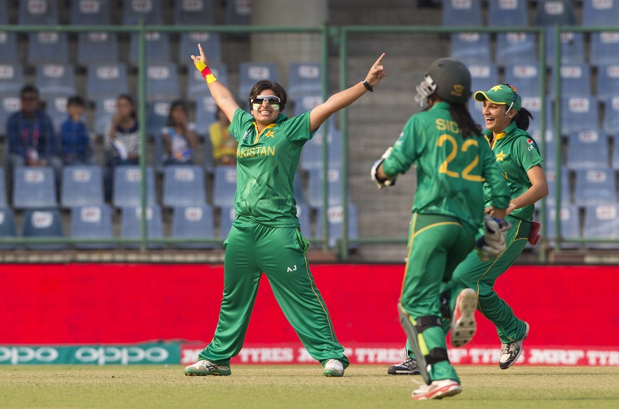 Pakistans Nida Dar, left, celebrates the wicket of Indias women cricket team captain Mithali Raj during their ICC Women's Twenty20 2016 Cricket World Cup match in New Delhi, India, Saturday, March 19, 2016. (AP Photo/Manish Swarup)