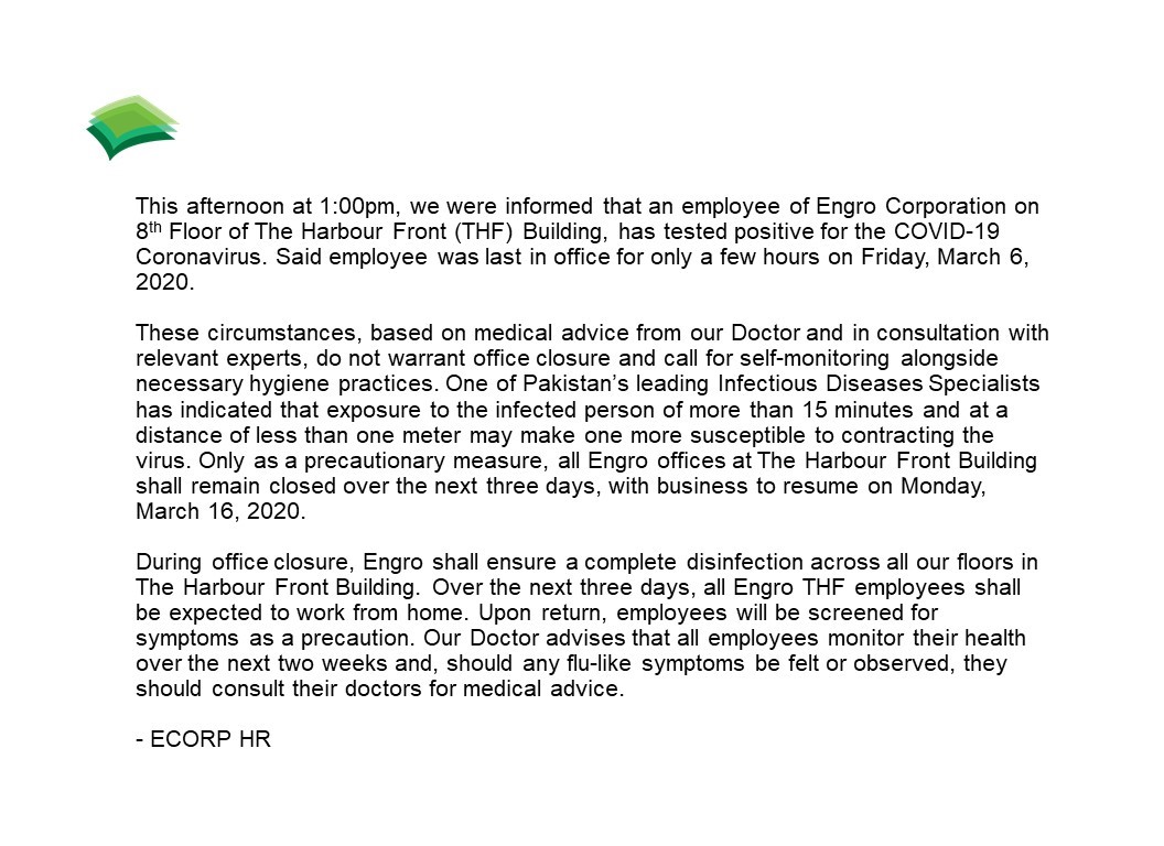 engro shuts karachi office coronavirus