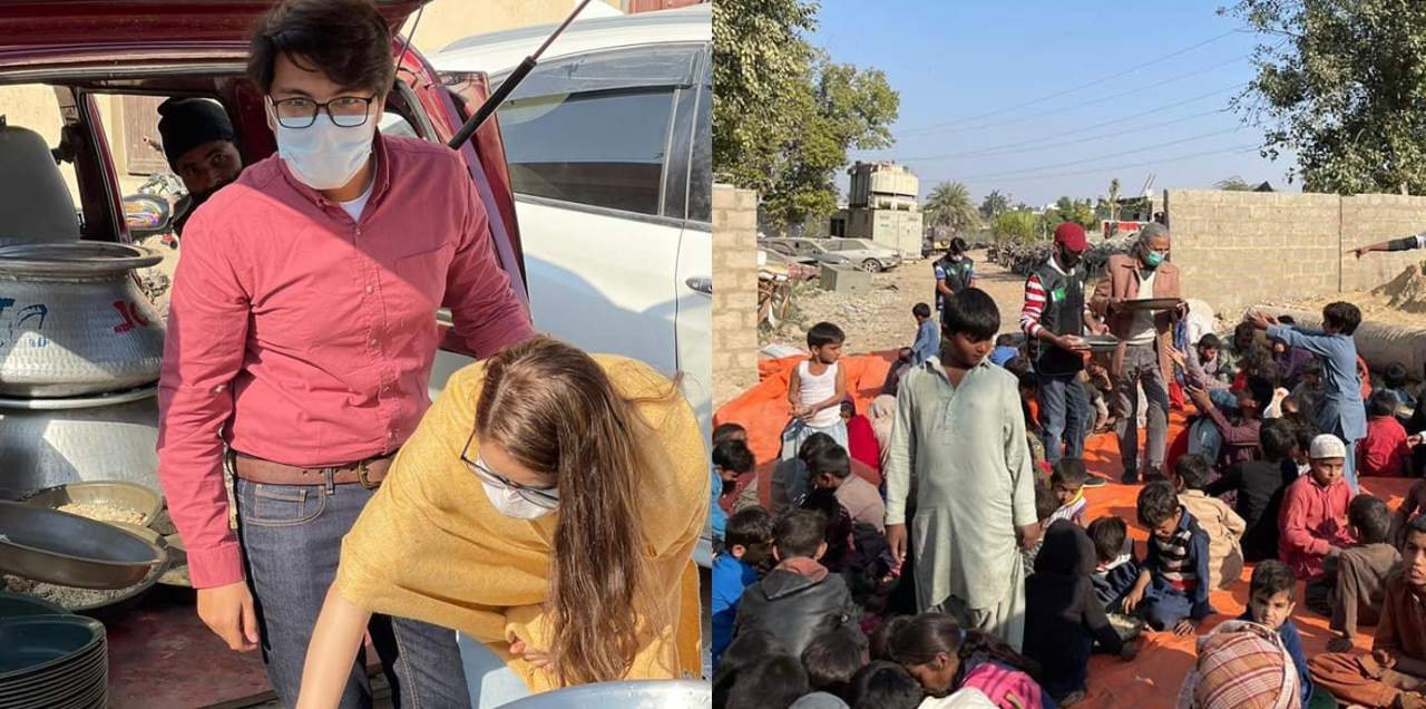 newlywed couple feeding needy reception pakistan