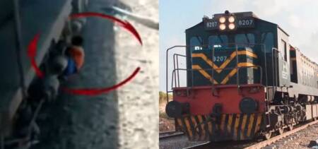 boy stealing brake form moving train