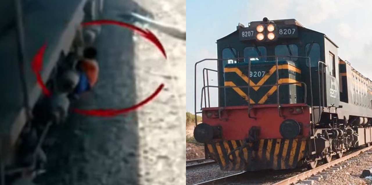 boy stealing brake form moving train