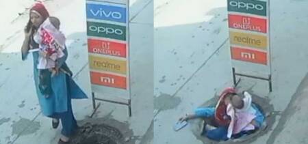 woman falls into manhole