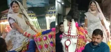 bride leads baraat horse