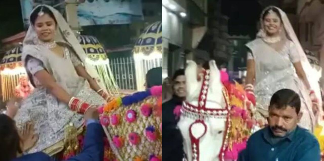 bride leads baraat horse